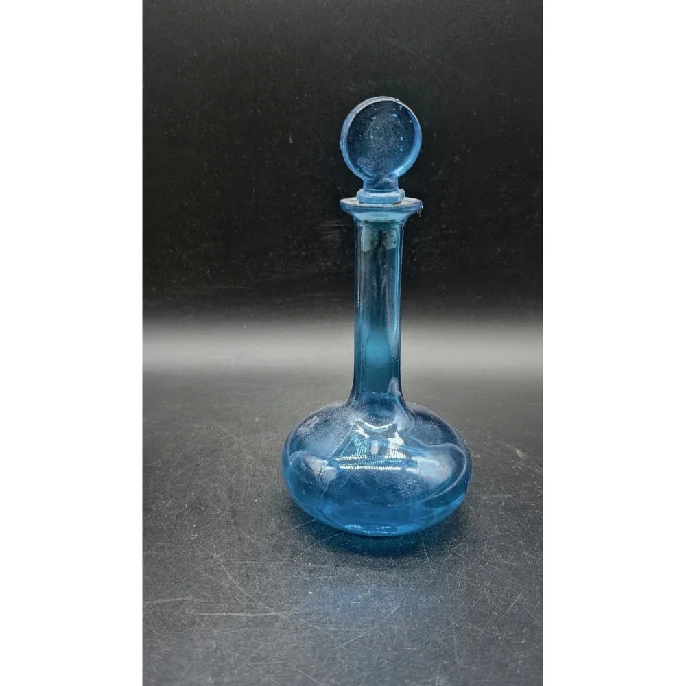 Vintage Blue Glass Decanter with Stopper Made in Japan Mid Century Modern MCM 8